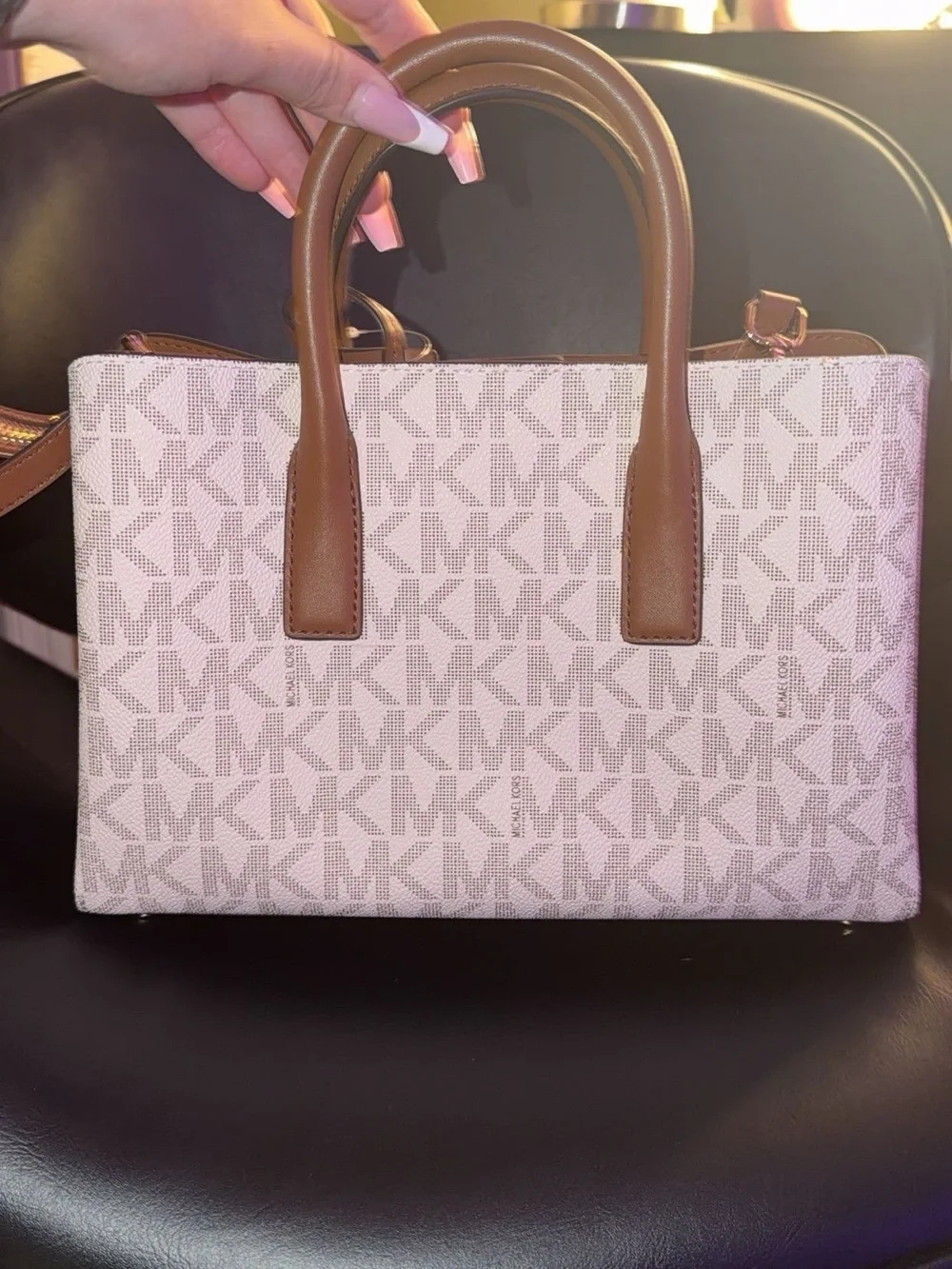 Michael Kors White/Beige Logo Satchel with Brown Trim